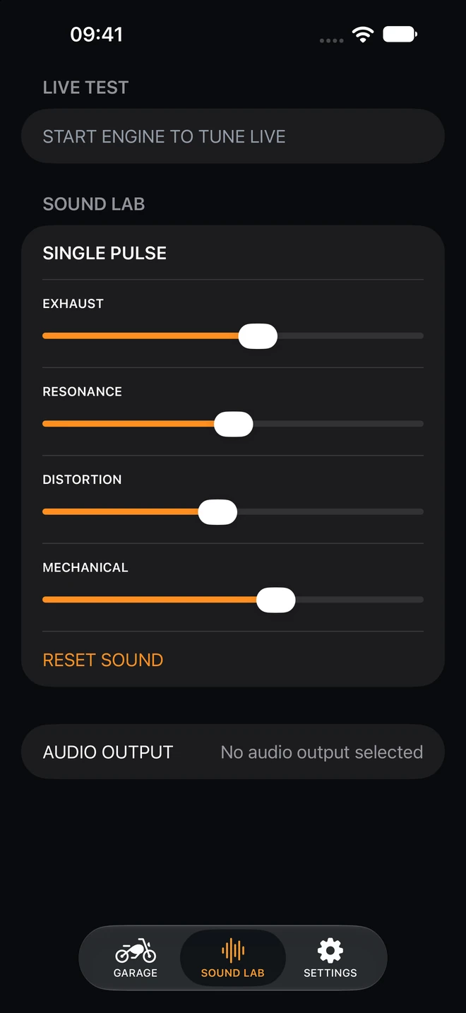 Sound Lab controls for exhaust, resonance, distortion, and mechanical sound